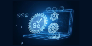 Abstract digital graphic featuring glowing gears, technical icons, and network connections representing web automation and software testing workflows.
